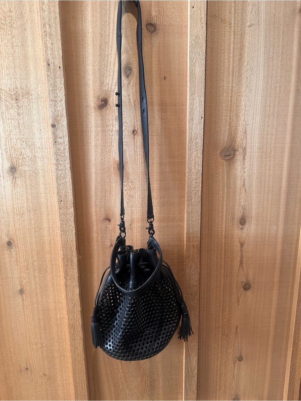 Loeffler Randall Industry Black Leather Perforated Drawstring Bucket Bag - Picture 7 of 12